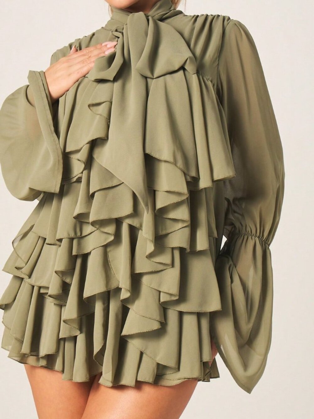 Olive Green Elegant Women's Chiffon Dress with Balloon Sleeves - Picture 1 of 6